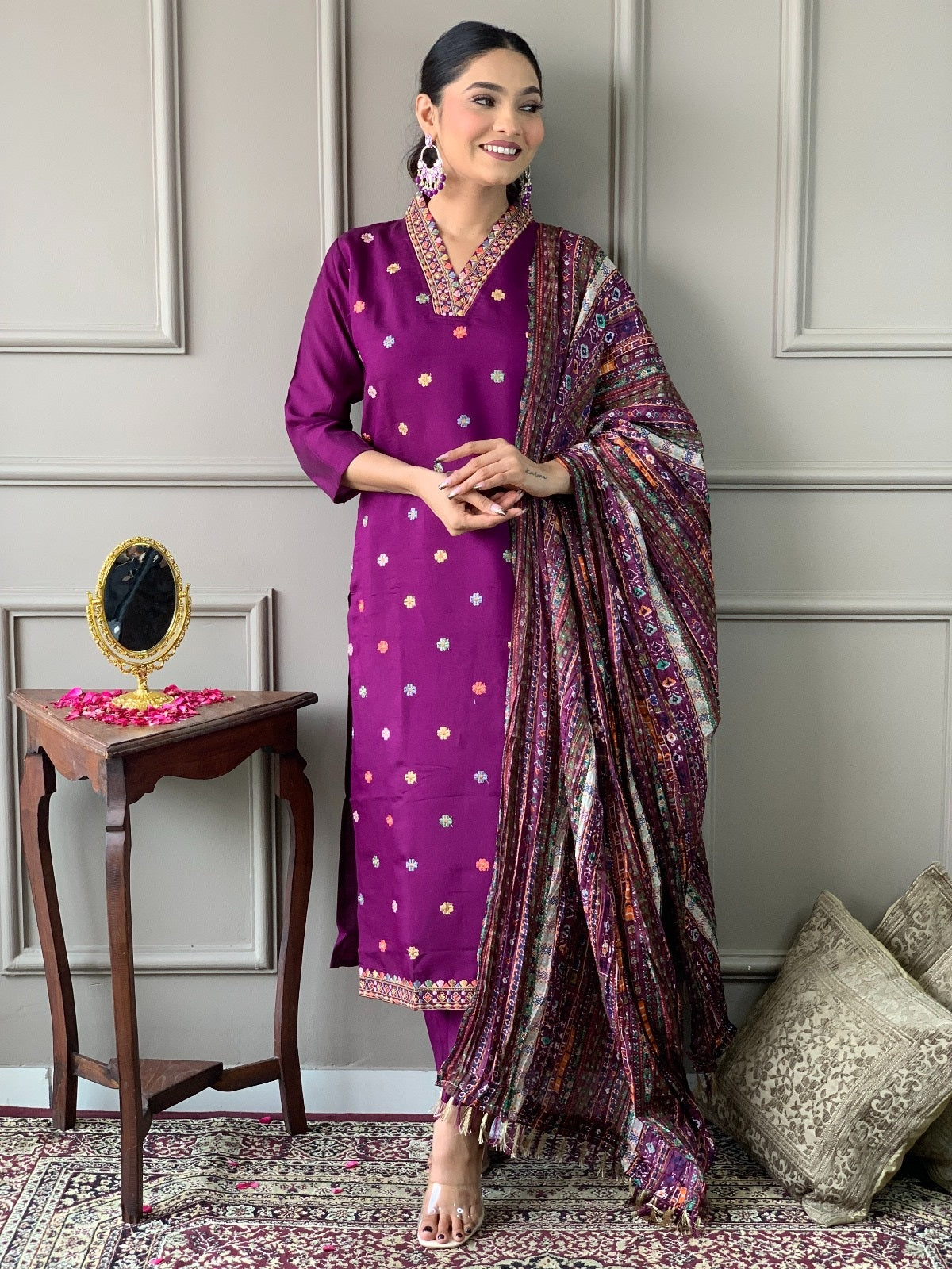 VASTRA MALA Elegant Purple Viscose Chanderi Embroidered Unstitched Salwar Kameez with Chinon Printed Dupatta – Solid Viscose Chanderi Bottom – Designer Party Wear Set