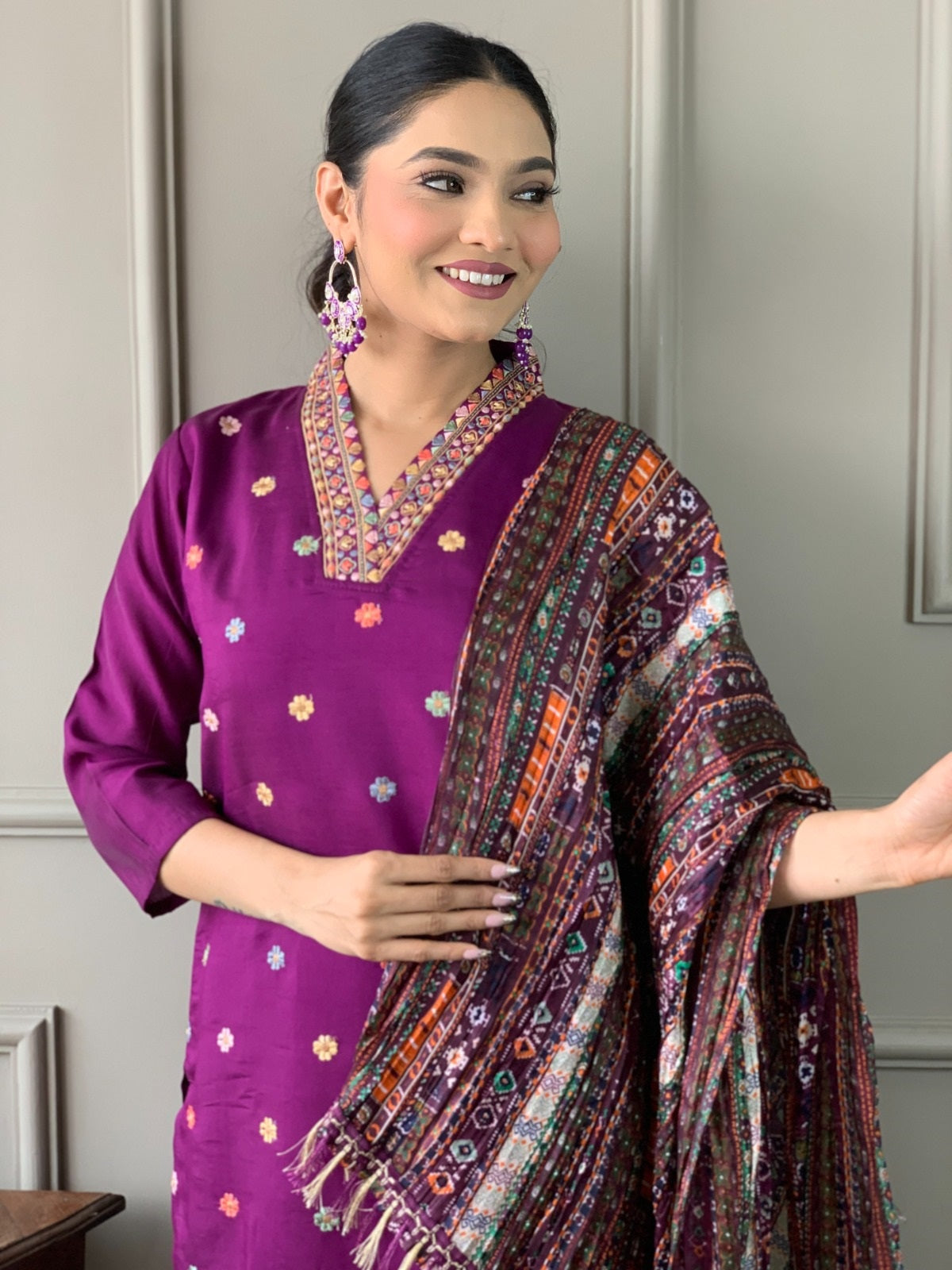 VASTRA MALA Elegant Purple Viscose Chanderi Embroidered Unstitched Salwar Kameez with Chinon Printed Dupatta – Solid Viscose Chanderi Bottom – Designer Party Wear Set