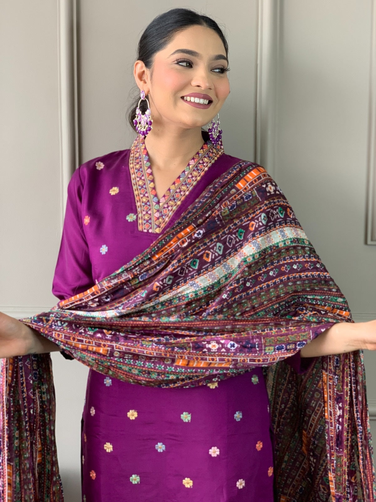 VASTRA MALA Elegant Purple Viscose Chanderi Embroidered Unstitched Salwar Kameez with Chinon Printed Dupatta – Solid Viscose Chanderi Bottom – Designer Party Wear Set