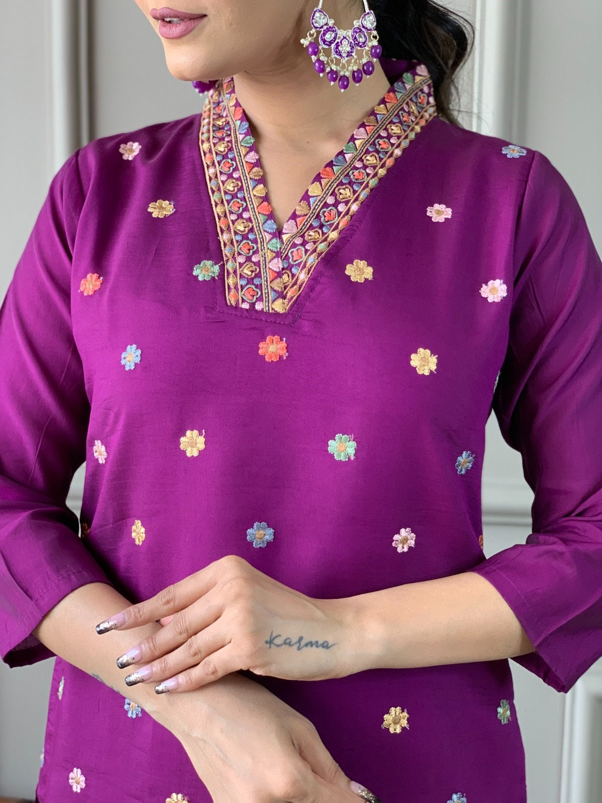 VASTRA MALA Elegant Purple Viscose Chanderi Embroidered Unstitched Salwar Kameez with Chinon Printed Dupatta – Solid Viscose Chanderi Bottom – Designer Party Wear Set