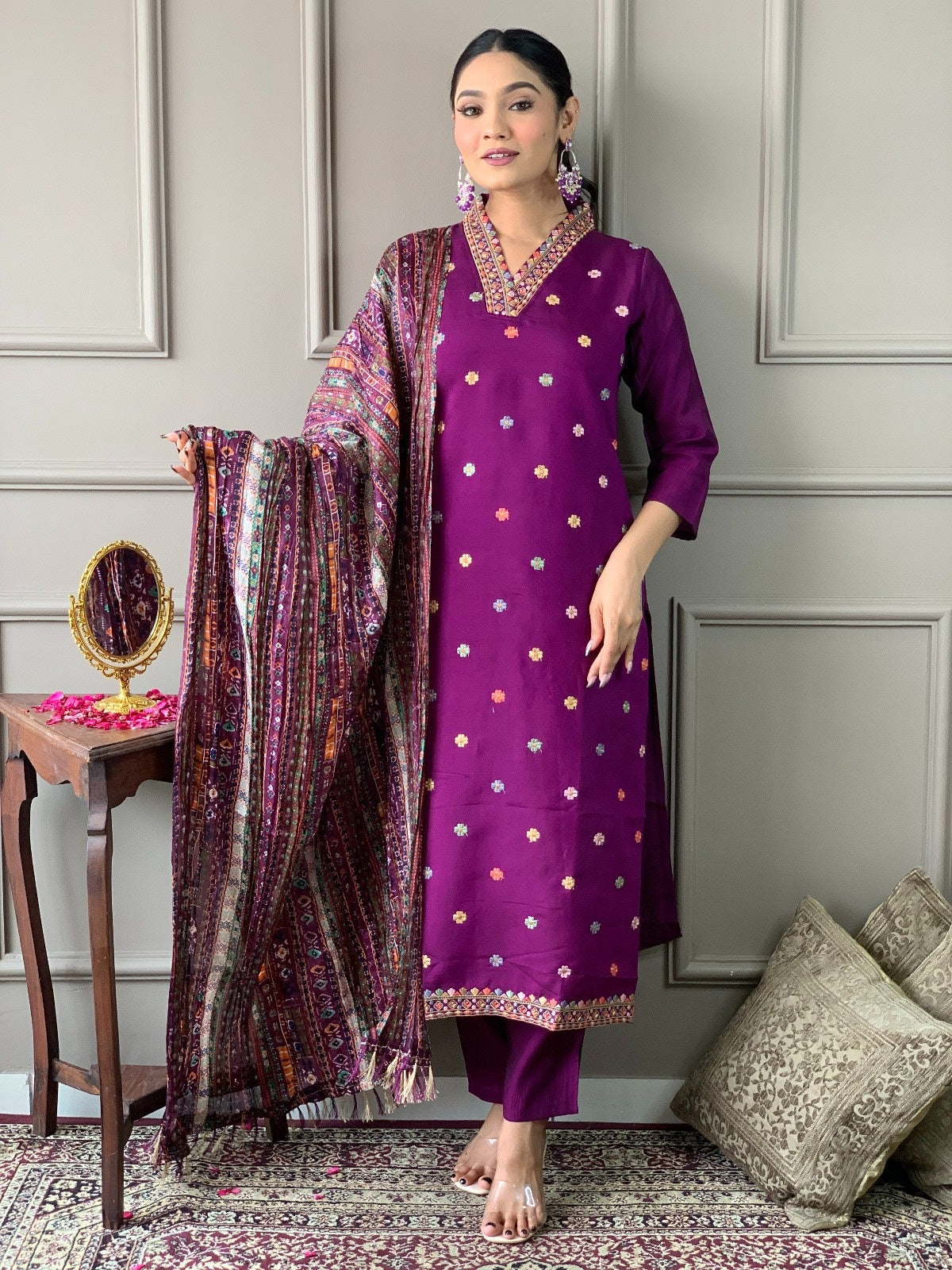 VASTRA MALA Elegant Purple Viscose Chanderi Embroidered Unstitched Salwar Kameez with Chinon Printed Dupatta – Solid Viscose Chanderi Bottom – Designer Party Wear Set