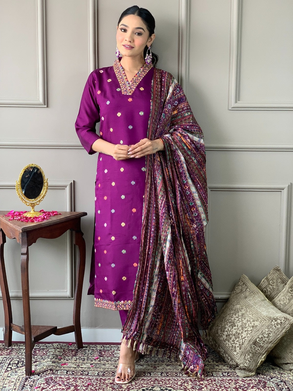 VASTRA MALA Elegant Purple Viscose Chanderi Embroidered Unstitched Salwar Kameez with Chinon Printed Dupatta – Solid Viscose Chanderi Bottom – Designer Party Wear Set