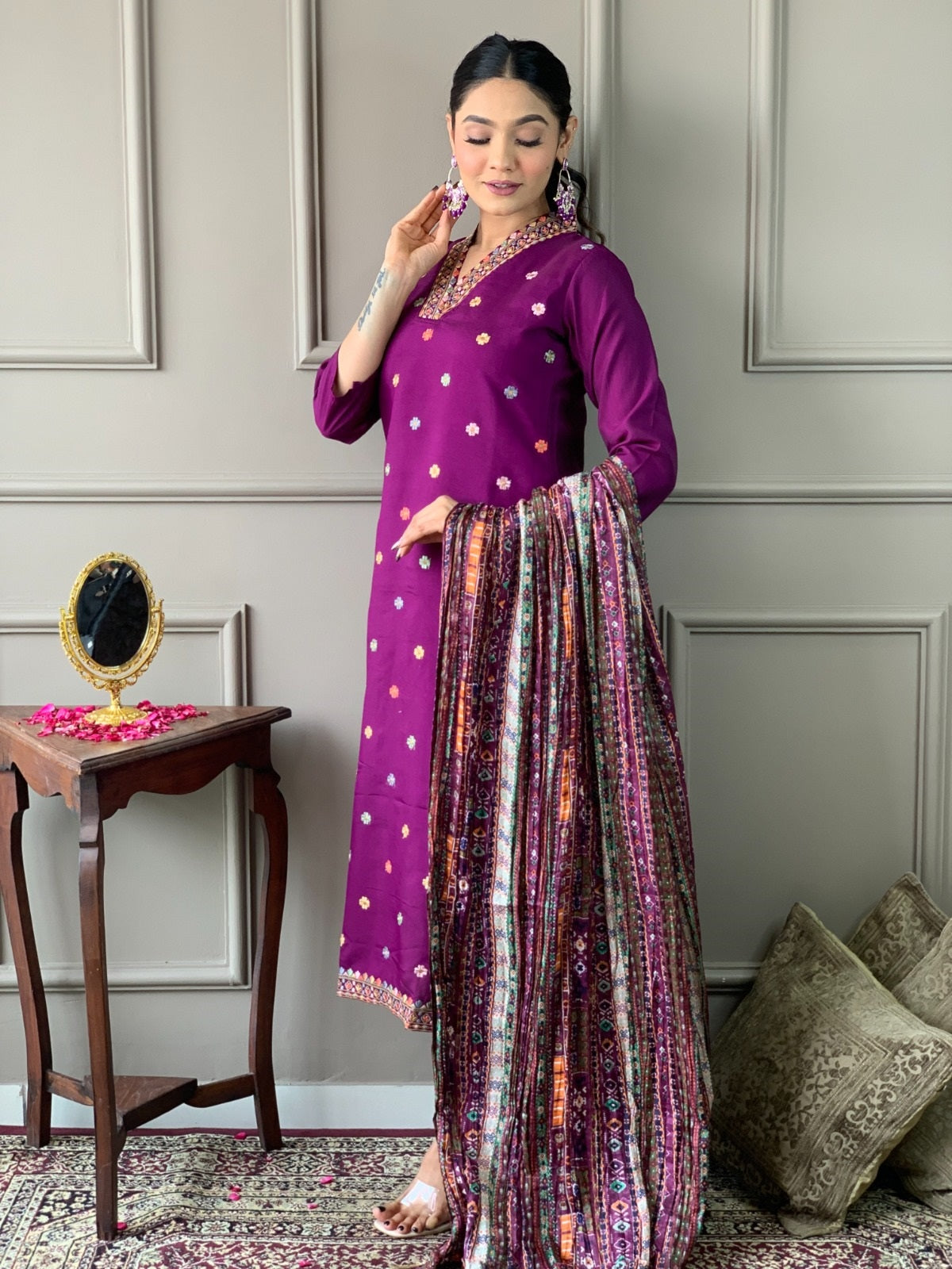 VASTRA MALA Elegant Purple Viscose Chanderi Embroidered Unstitched Salwar Kameez with Chinon Printed Dupatta – Solid Viscose Chanderi Bottom – Designer Party Wear Set