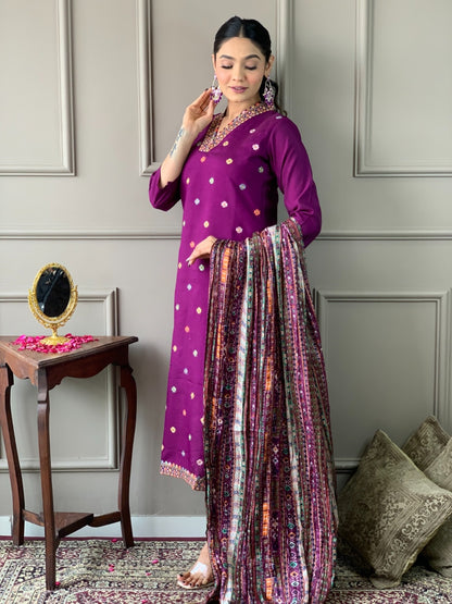 VASTRA MALA Elegant Purple Viscose Chanderi Embroidered Unstitched Salwar Kameez with Chinon Printed Dupatta – Solid Viscose Chanderi Bottom – Designer Party Wear Set