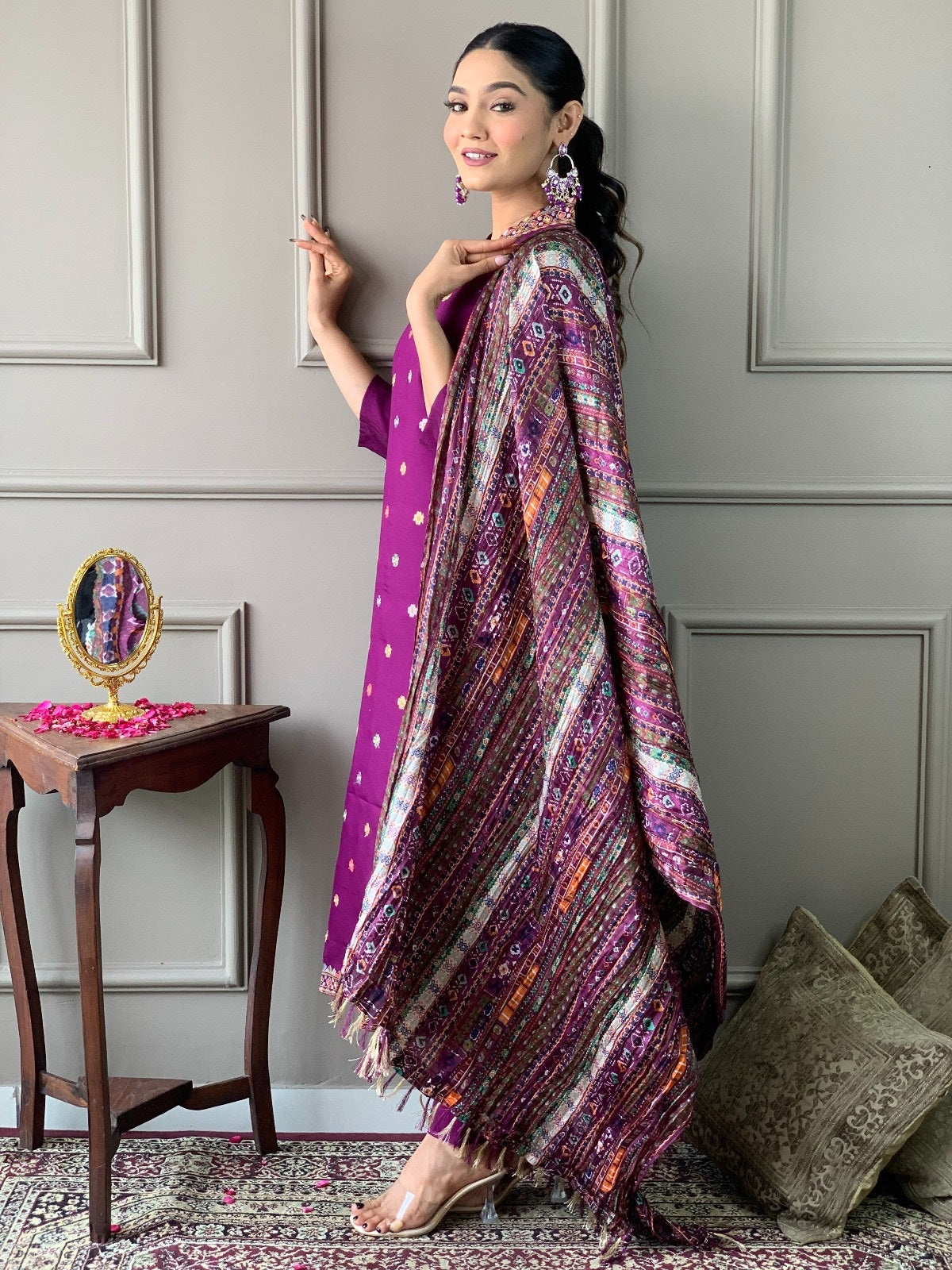 VASTRA MALA Elegant Purple Viscose Chanderi Embroidered Unstitched Salwar Kameez with Chinon Printed Dupatta – Solid Viscose Chanderi Bottom – Designer Party Wear Set