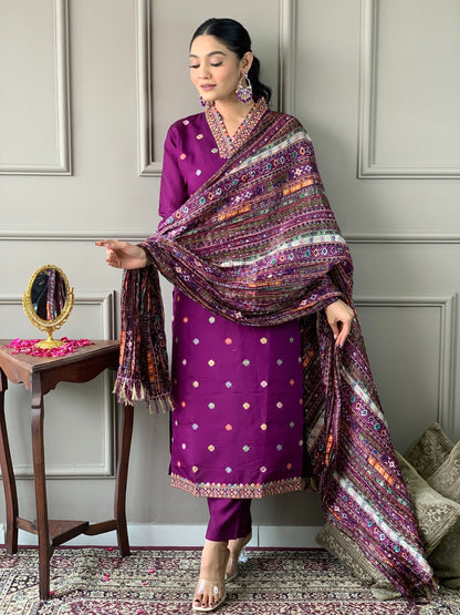 VASTRA MALA Elegant Purple Viscose Chanderi Embroidered Unstitched Salwar Kameez with Chinon Printed Dupatta – Solid Viscose Chanderi Bottom – Designer Party Wear Set