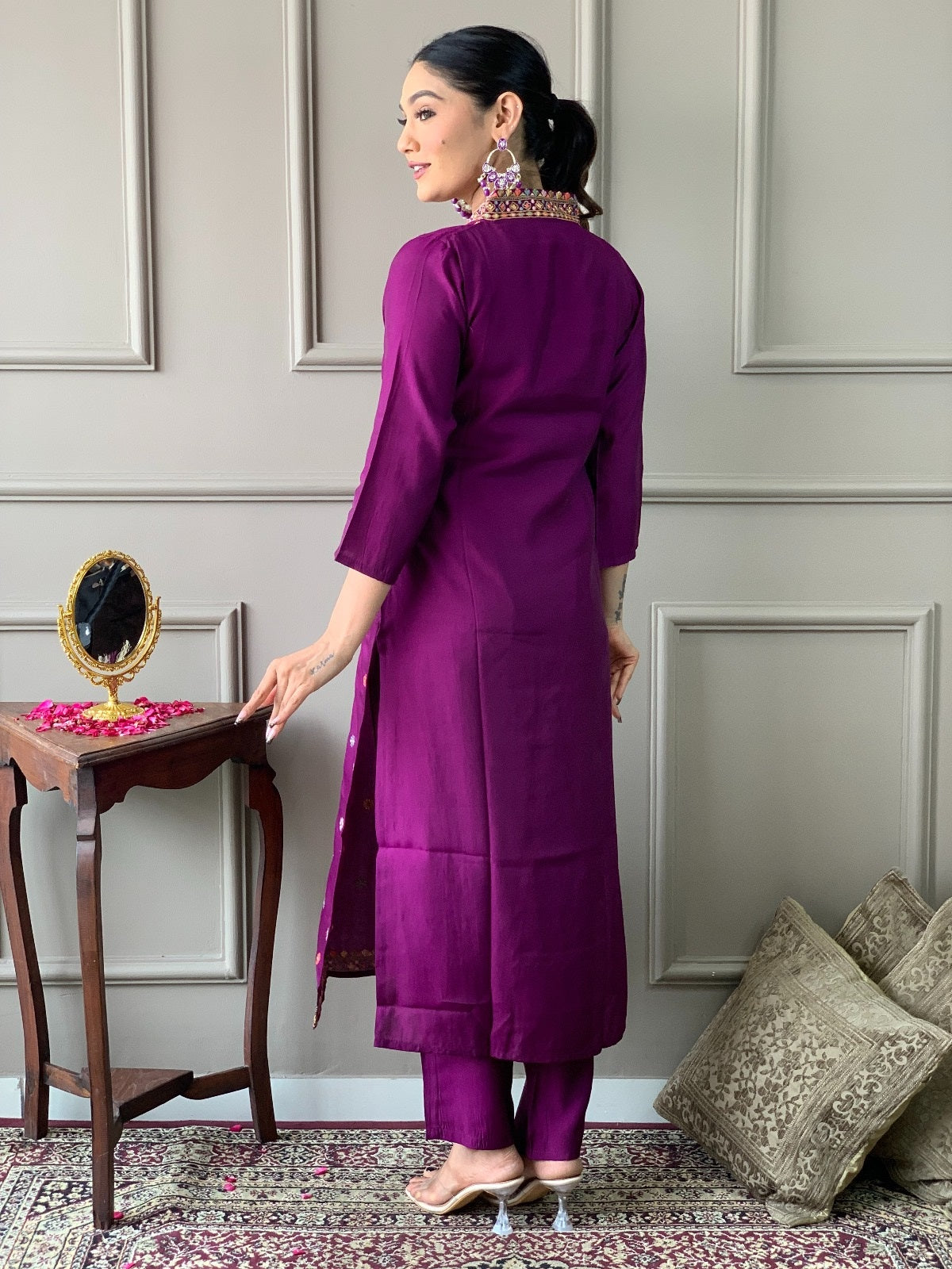 VASTRA MALA Elegant Purple Viscose Chanderi Embroidered Unstitched Salwar Kameez with Chinon Printed Dupatta – Solid Viscose Chanderi Bottom – Designer Party Wear Set