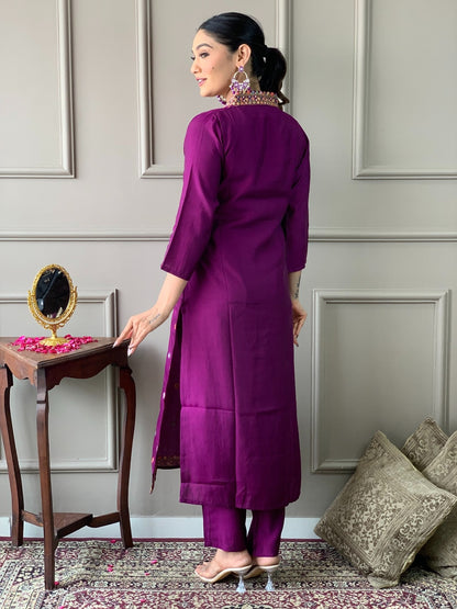 VASTRA MALA Elegant Purple Viscose Chanderi Embroidered Unstitched Salwar Kameez with Chinon Printed Dupatta – Solid Viscose Chanderi Bottom – Designer Party Wear Set