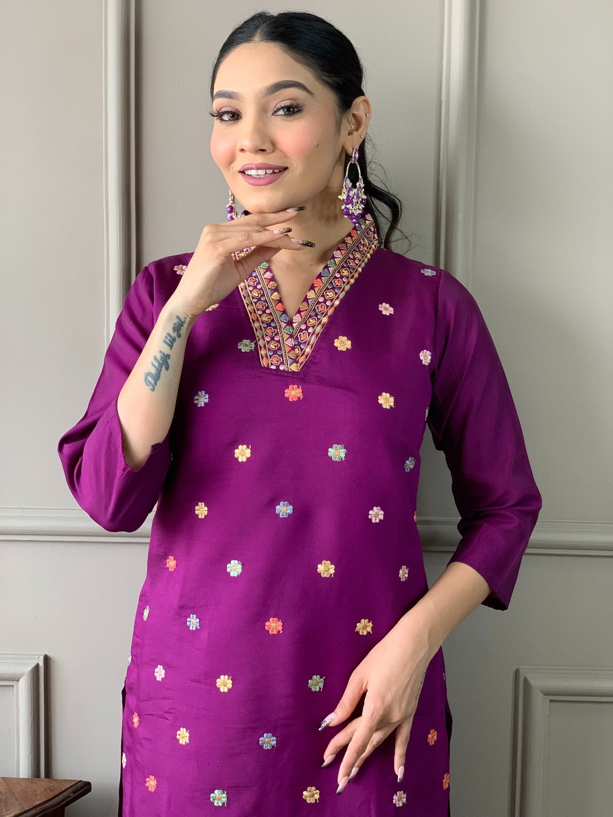 VASTRA MALA Elegant Purple Viscose Chanderi Embroidered Unstitched Salwar Kameez with Chinon Printed Dupatta – Solid Viscose Chanderi Bottom – Designer Party Wear Set