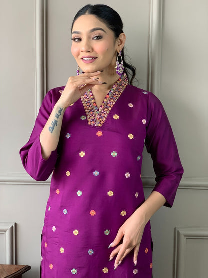 VASTRA MALA Elegant Purple Viscose Chanderi Embroidered Unstitched Salwar Kameez with Chinon Printed Dupatta – Solid Viscose Chanderi Bottom – Designer Party Wear Set