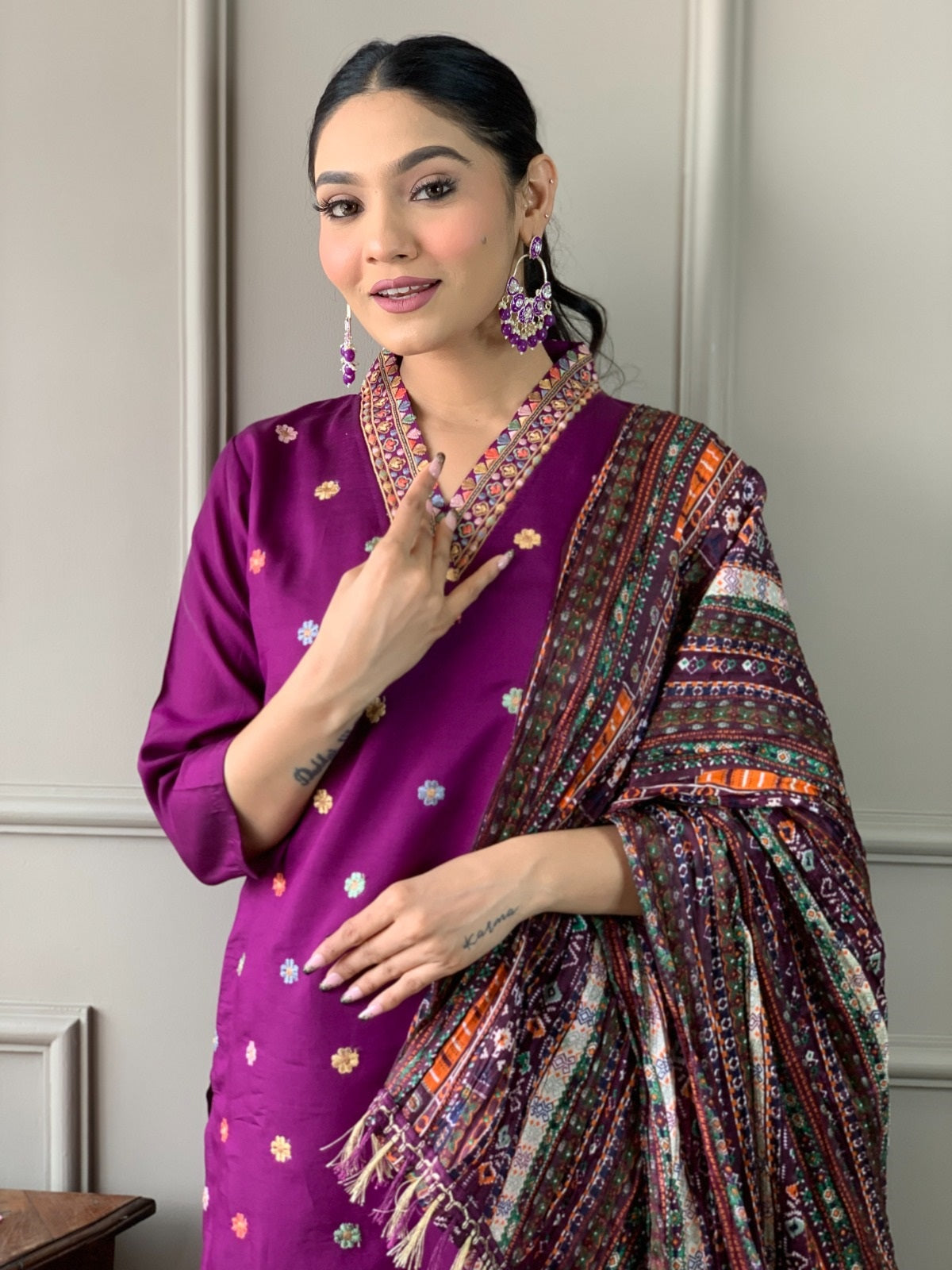 VASTRA MALA Elegant Purple Viscose Chanderi Embroidered Unstitched Salwar Kameez with Chinon Printed Dupatta – Solid Viscose Chanderi Bottom – Designer Party Wear Set