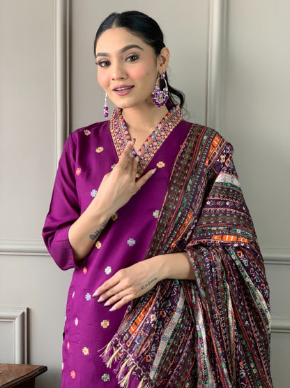 VASTRA MALA Elegant Purple Viscose Chanderi Embroidered Unstitched Salwar Kameez with Chinon Printed Dupatta – Solid Viscose Chanderi Bottom – Designer Party Wear Set