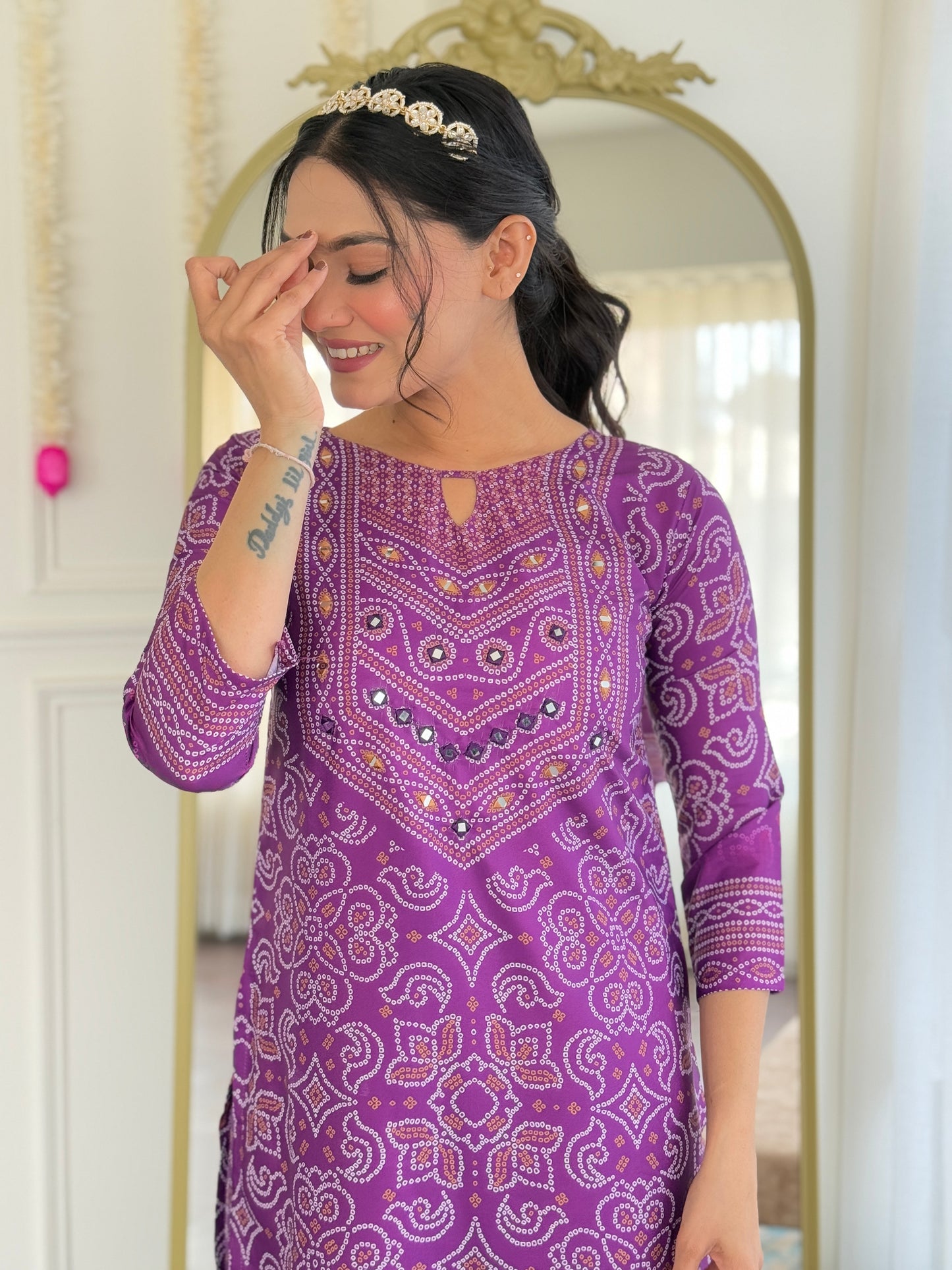 VIVATRA Women's French Crepe Mirrored Work A-Line Kurta with Viscose Gadhval Pant And Chinon Dupatta Sets