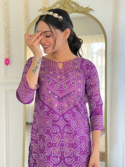 VIVATRA Women's French Crepe Mirrored Work A-Line Kurta with Viscose Gadhval Pant And Chinon Dupatta Sets