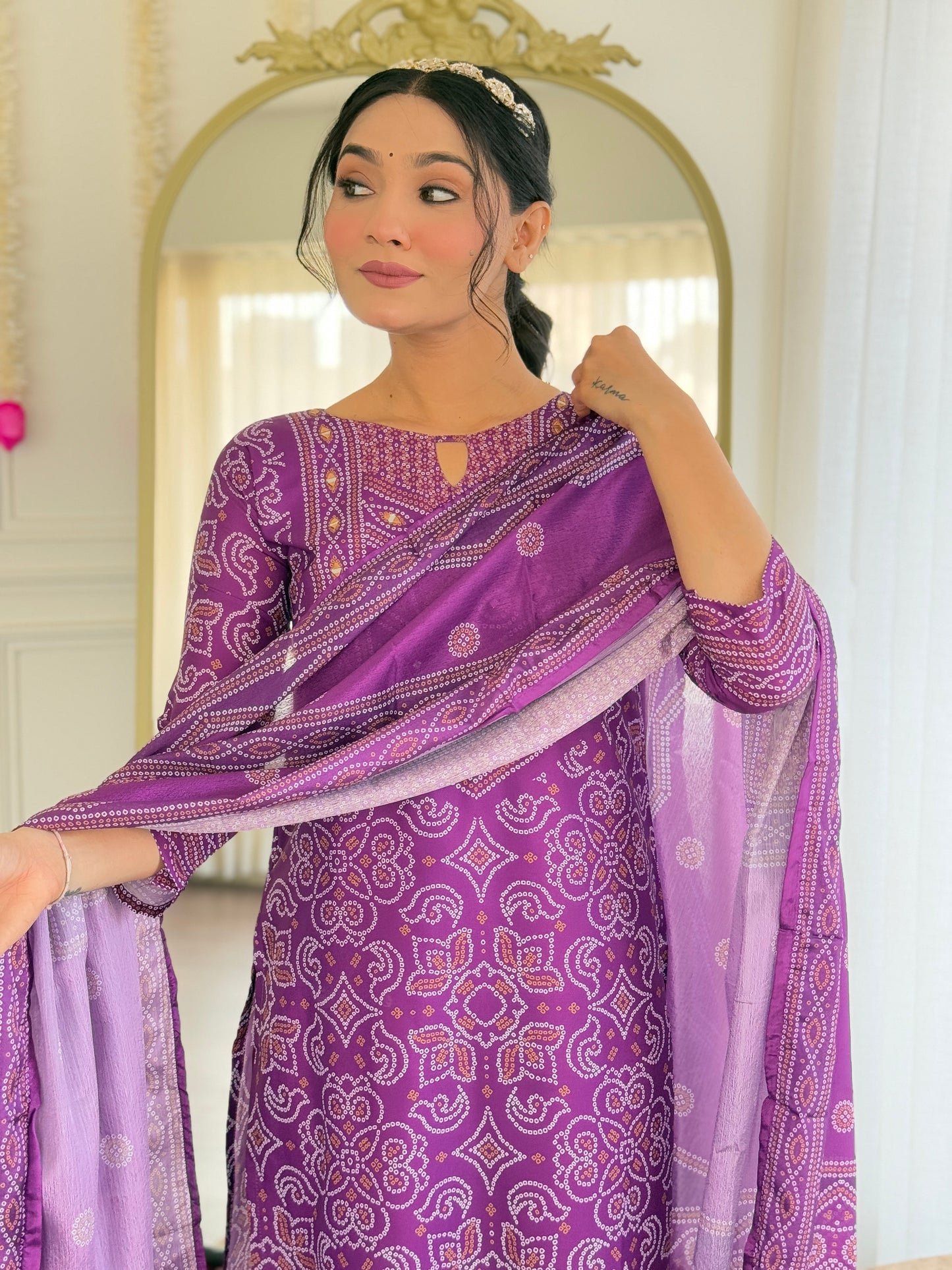 VIVATRA Women's French Crepe Mirrored Work A-Line Kurta with Viscose Gadhval Pant And Chinon Dupatta Sets