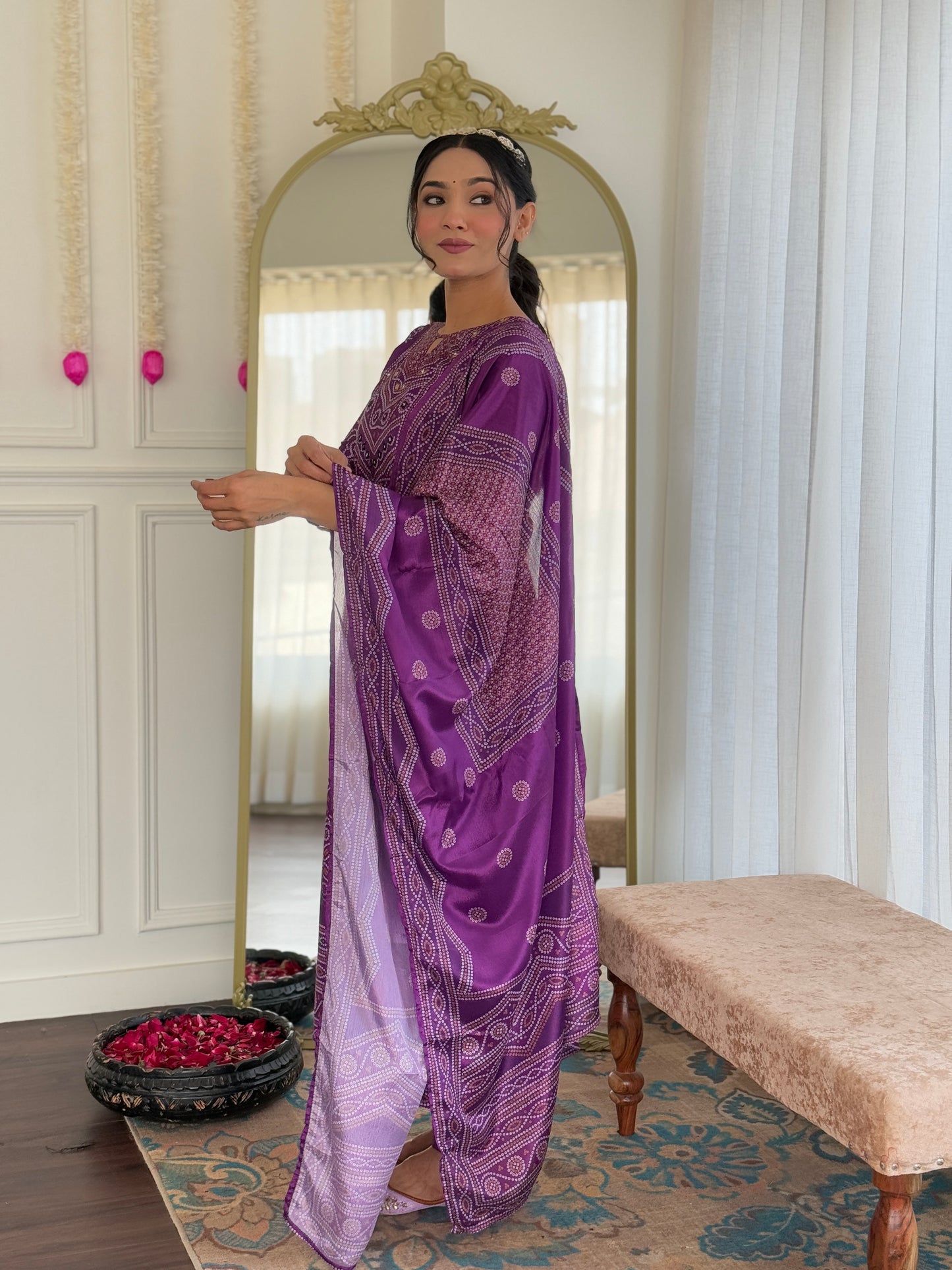 VIVATRA Women's French Crepe Mirrored Work A-Line Kurta with Viscose Gadhval Pant And Chinon Dupatta Sets
