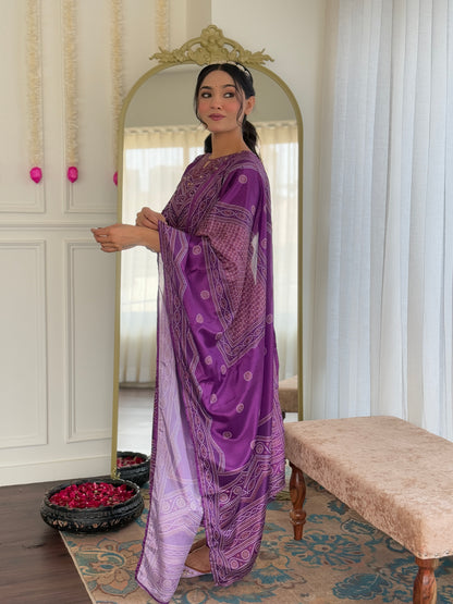 VIVATRA Women's French Crepe Mirrored Work A-Line Kurta with Viscose Gadhval Pant And Chinon Dupatta Sets