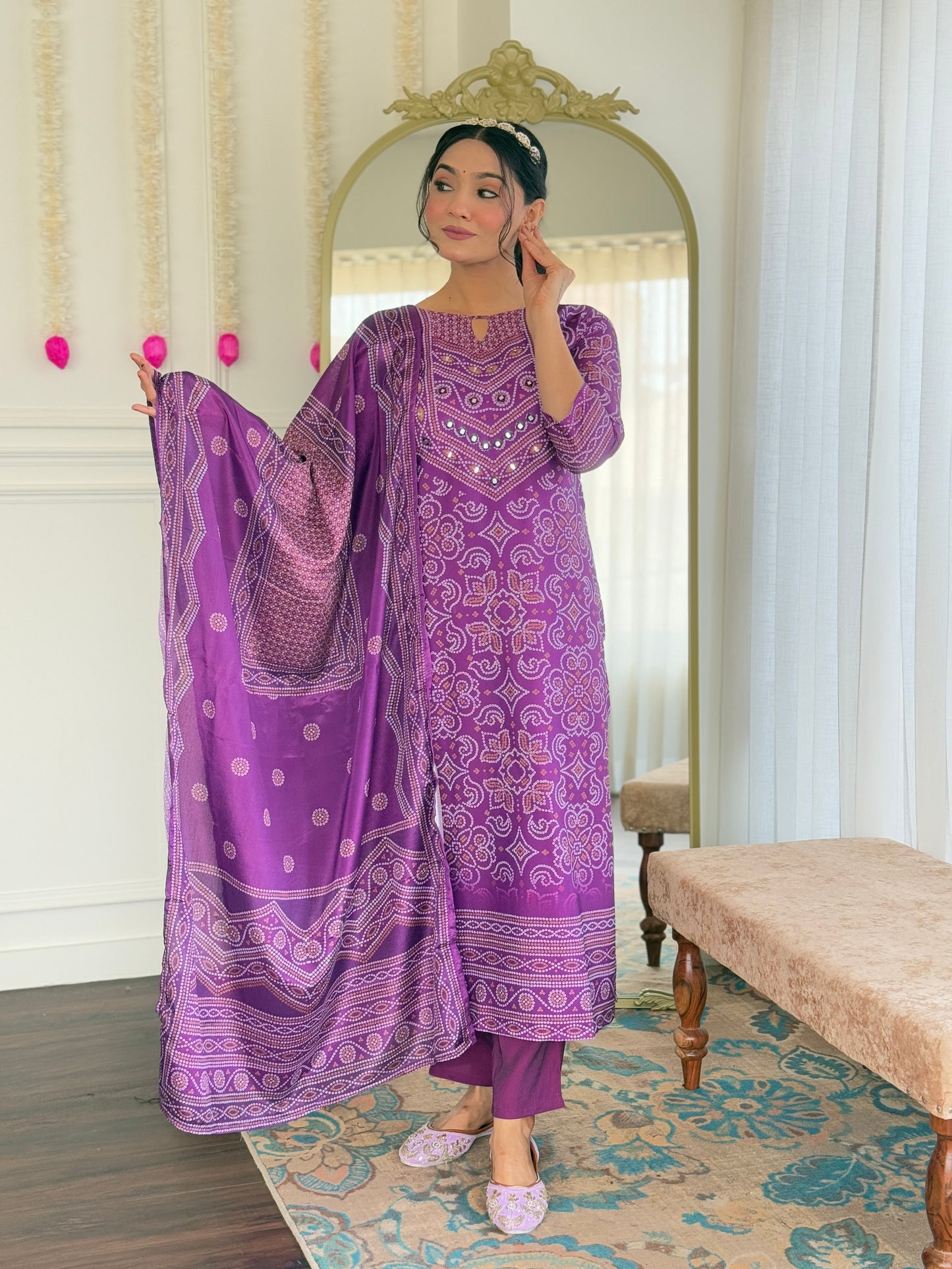 VIVATRA Women's French Crepe Mirrored Work A-Line Kurta with Viscose Gadhval Pant And Chinon Dupatta Sets