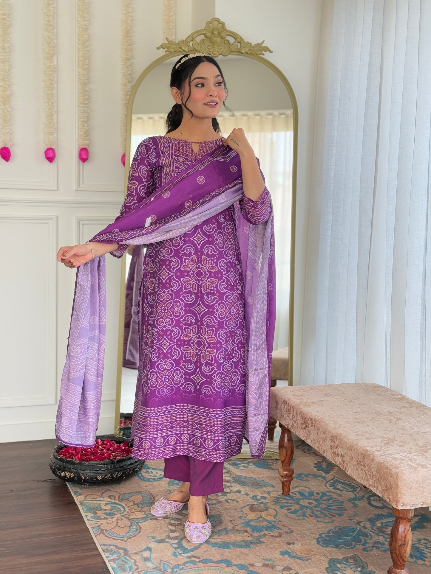 VIVATRA Women's French Crepe Mirrored Work A-Line Kurta with Viscose Gadhval Pant And Chinon Dupatta Sets