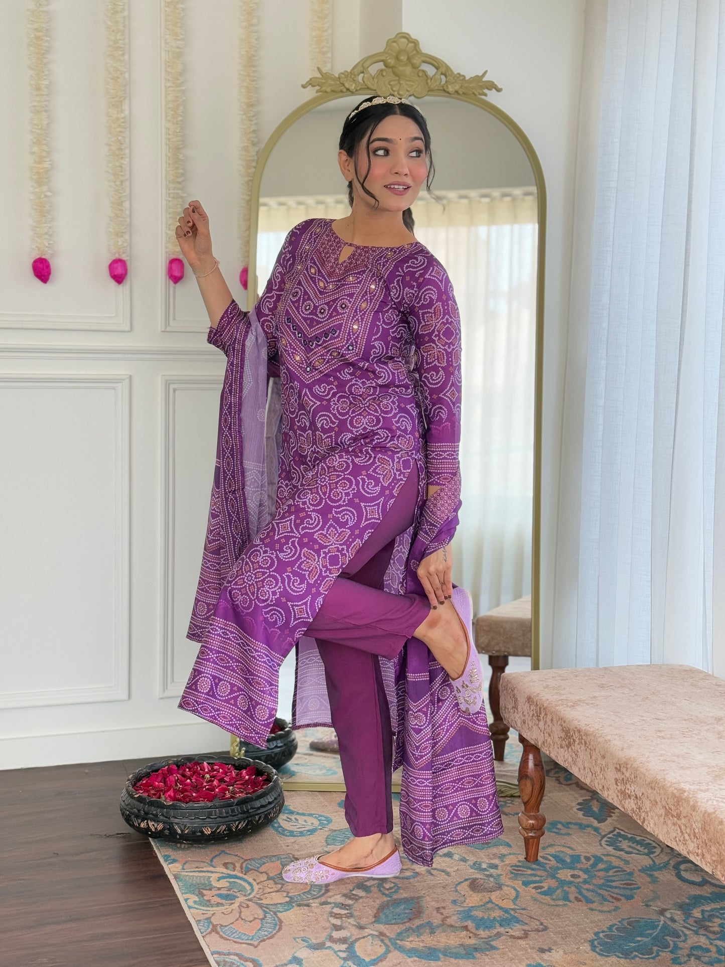 VIVATRA Women's French Crepe Mirrored Work A-Line Kurta with Viscose Gadhval Pant And Chinon Dupatta Sets