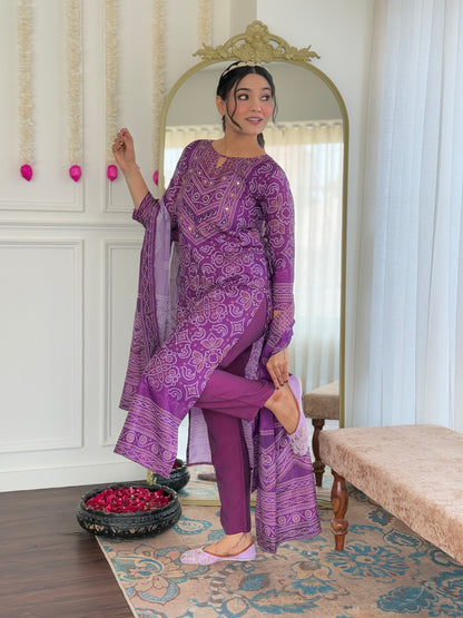 VIVATRA Women's French Crepe Mirrored Work A-Line Kurta with Viscose Gadhval Pant And Chinon Dupatta Sets