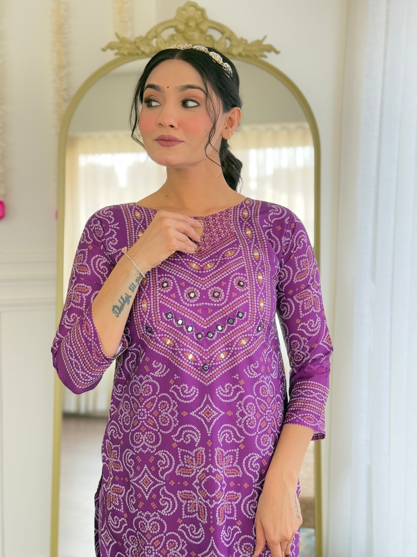 VIVATRA Women's French Crepe Mirrored Work A-Line Kurta with Viscose Gadhval Pant And Chinon Dupatta Sets