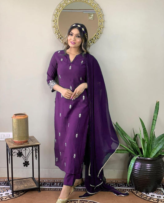 violet kurta set with block print and gotta work