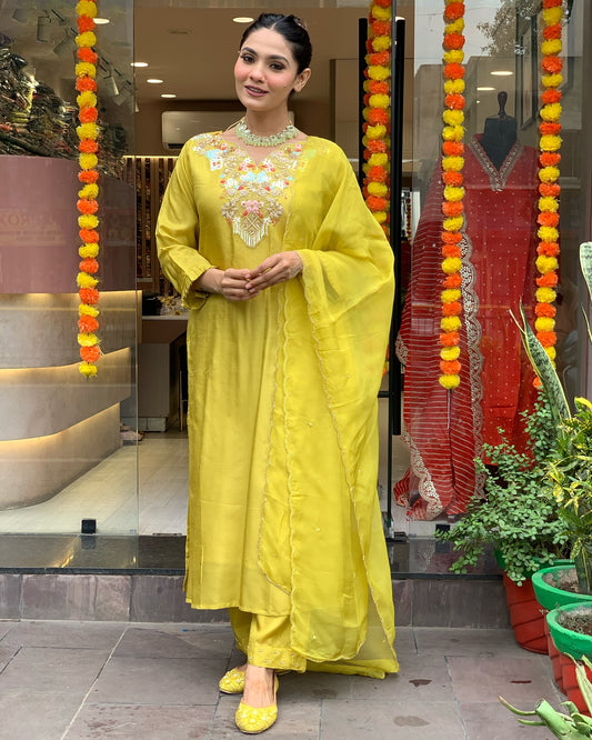 Stylish Yellow Embroidered Kurta Set with Dupatta