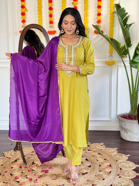 Women's Embroidery Yellow Kurta Set With Pant & Dupatta