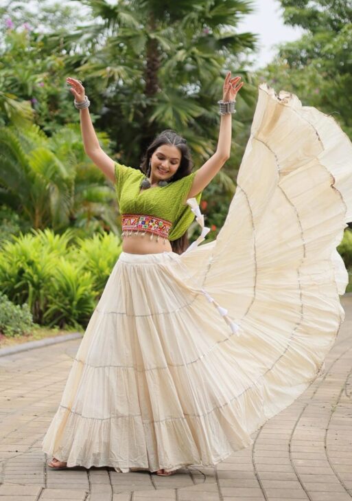 White Color Kora Cotton Lehenga With Parrot Green Choli