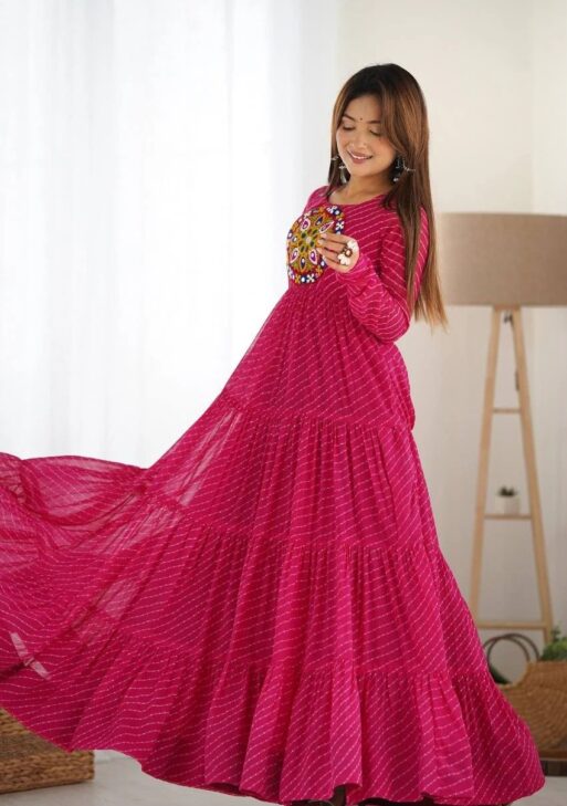 Pink Leheriya Print Navratri Gown by DhingliMatching