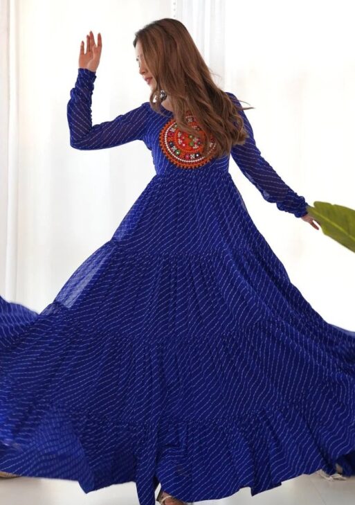 Blue Leheriya Print Navratri Gown by DhingliMatching