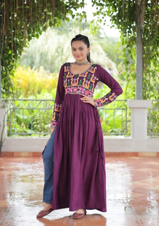 Marron Color Rayon Gamthi Work Navratri Kurti