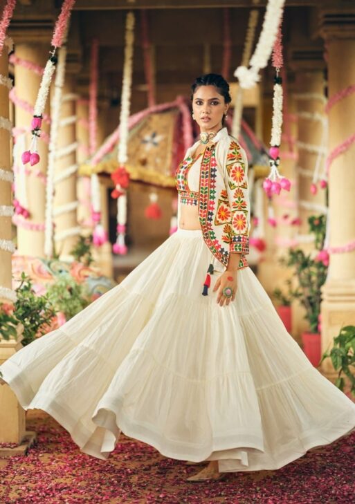 Elegant White Navratri Lehenga Choli with Embroidered Koti