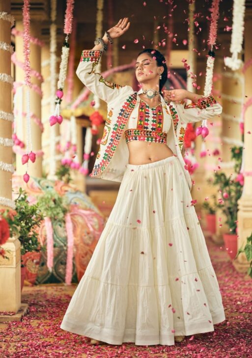Elegant White Navratri Lehenga Choli with Embroidered Koti