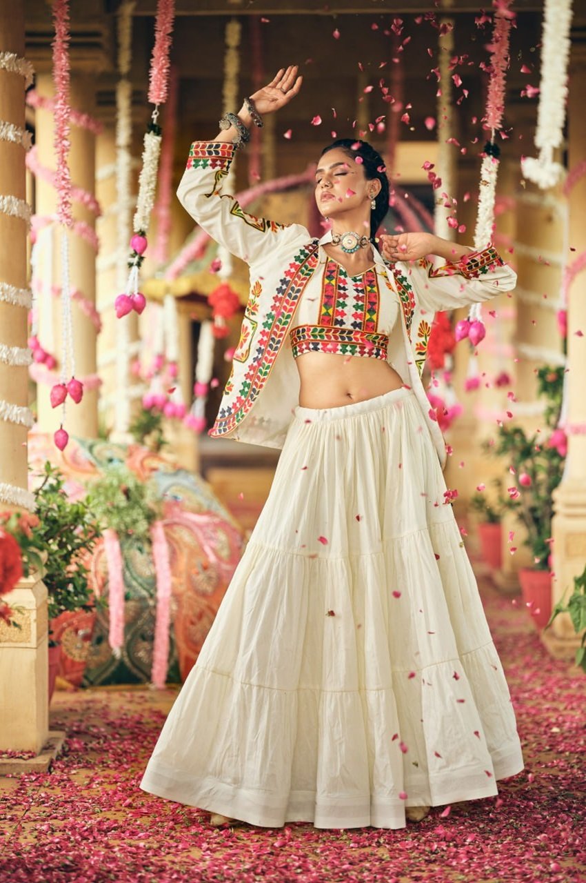 Elegant White Navratri Lehenga Choli with Embroidered Koti