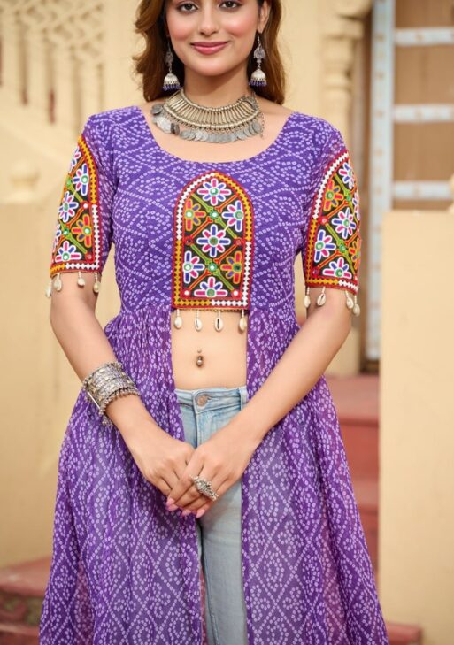 Purple Color Georgette Bandhani Print Navratri Kurti