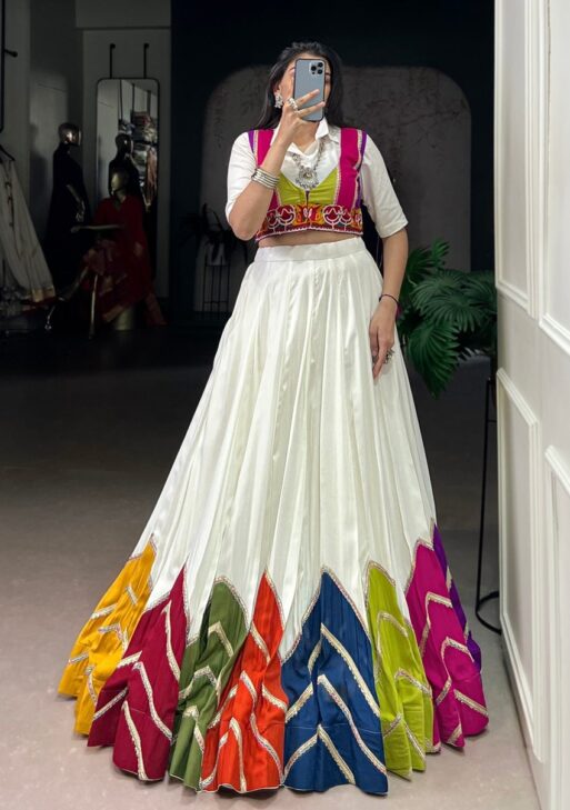 White Rayon Navratri Lehenga Choli WIth Multicolor Border