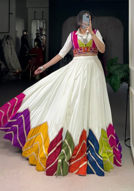 White Rayon Navratri Lehenga Choli WIth Multicolor Border